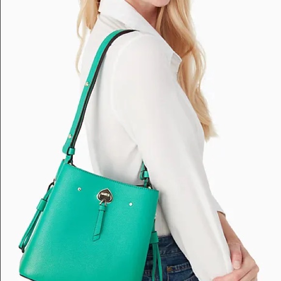 NWT kate spade Marti Bucket Drawstring Bag Purse Snow Pea Green Pebbled Leather - Picture 3 of 4